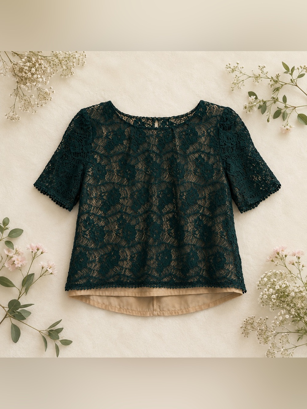 Darling Emerald Green Lace Overlay Blouse Dressy Chic Top Size M